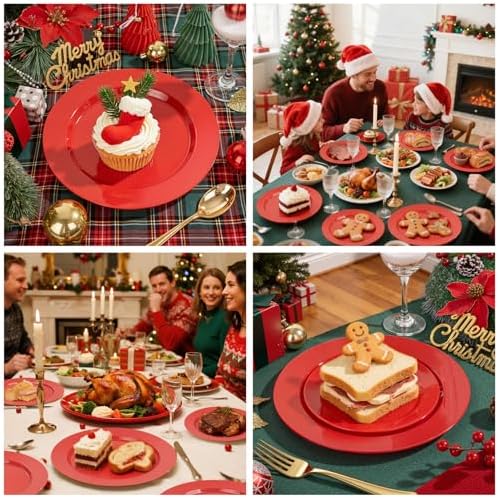 FLOWERCAT 200PCS Red Plastic Plates Disposable Plates for Party - Heavy Duty Plastic Plates - 10" &7" Plate for 100 Guests Parties and Events &July 4th