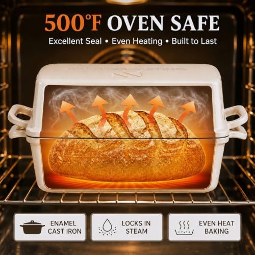 Northriver Casting 2 in 1 Enameled Cast Iron Bread Pan with Lid, Perfect Bread Oven, Loaf Pans for Baking Homemade Sourdough Bread 9x5, 2 Piece set, White