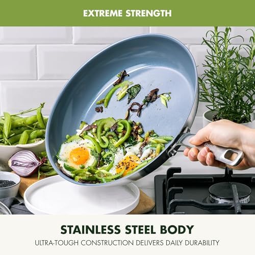 GreenPan Treviso Stainless Steel Healthy Ceramic Nonstick, 12" Frying Pan Skillet with Lid, PFAS-Free,Clad, Induction, Dishwasher Safe, Silver