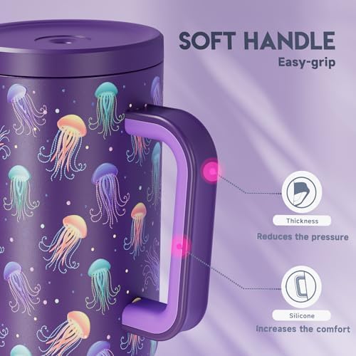 Meoky 40 oz Tumbler with Handle and Straw: Glow in the Dark Tumbler with Lid and Straw - Stainless Steel Insulated Tumbler for Car Cup Holders - Travelers Commuters Workers (1 Pack, Jellyfish)