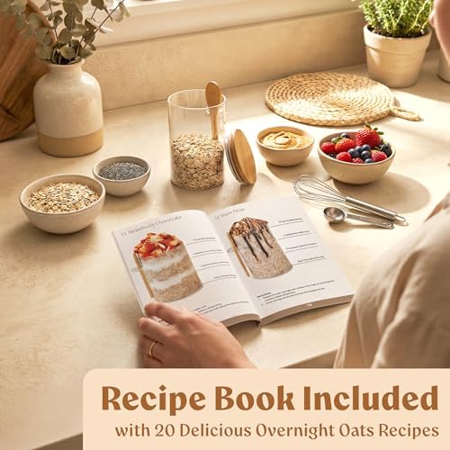 EDELHAUS Overnight Oats Containers with Lids - Glass Mason Jars, Meal Prep