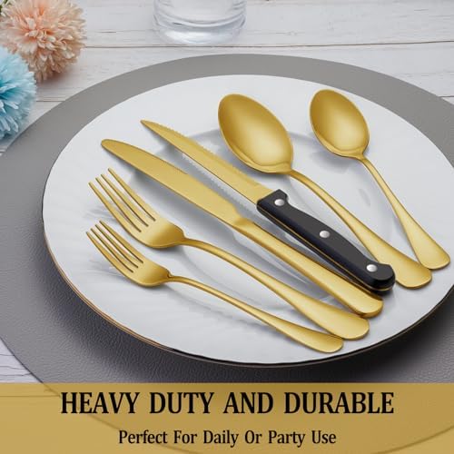 48 Pcs Gold Silverware Set with Steak Knives, Stainless Steel Flatware Cutlery Set for 8, Kitchen Tableware Sets, Utensil Sets for Home and Restaurant, Dishwasher Safe