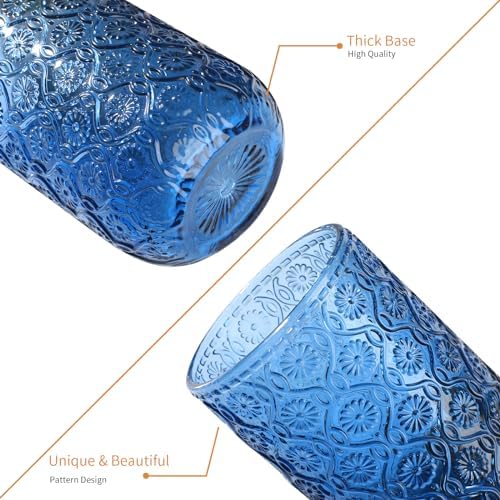 Set of 8 Vintage Embossed Glassware,4 Highball Glasses 14oz & 4 Rocks Drinking Glasses 9oz, Blue, Art Deco, for Wine, Water, Cocktail, Juice, Whiskey, Gift