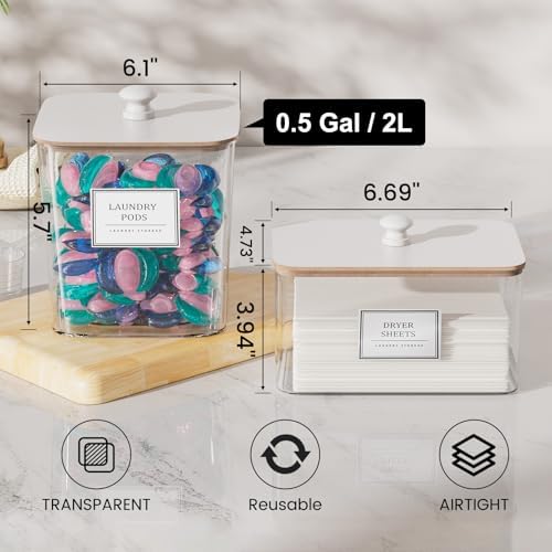 HomePekite Laundry Pods Storage Container, Clear Acrylic Laundry Room Organization and Storage ,Detergent Powder Container,with Wooden Lids & Labels, 3+1 Pack(White)