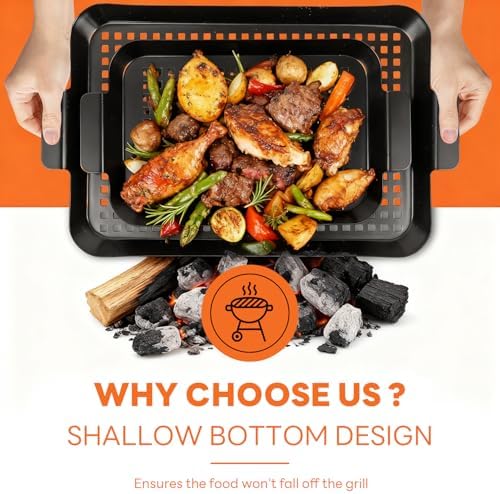 2PCS Grill pan: Grill topper for outdoor grill - Non-stick enamel coating grill topper suitable for camping, picnic, party