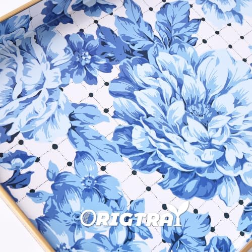 Serving Tray with Handles, Rectangular Plastic Tray 15.75x11.81 Inch, Decorative Tray for Kitchen, Dining Table, Vanity, Office & Home (Blue Peony, 15.8" x 11.8" x 1.6")