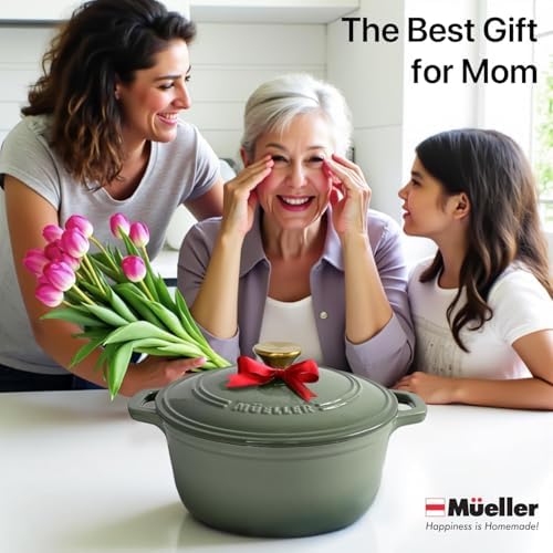 MUELLER HOME 7.5 Quart Enameled Cast Iron Dutch Oven For Sourdough Bread Baking, Heavy-Duty, Oven-Safe up to 500° F & Across All Cooktops, Casserole Dishes, Green Kitchen Accessories, Thyme Green