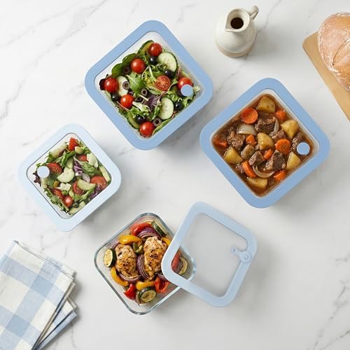 Urban Green Glass Food Container Set with Silicone Glass Lid, Square Shape, 4 Pack, Airtight, LeakProof, 100% Plastic Free, Meal Prep Food Storage Containers, Blue Color