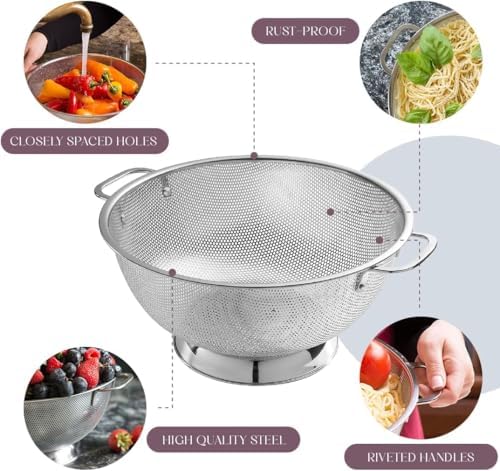 Bellemain Colander for Kitchen – 5 Qt Stainless Steel Strainer with Handle - Pasta Strainer Bowl for Pasta, Spaghetti, Vegetables, Fruit, and Pot Draining - Stainless Steel Colander (Pack of 2)
