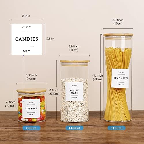 HHMJSM 5 Pcs Glass Food Storage Containers With 132 Pantry Labels Preprinted - Thicken(3mm) Jars Airtight Bamboo Lid Stackable Kitchen Canisters Set For Candy, Cookie, Rice, Sugar, Flour