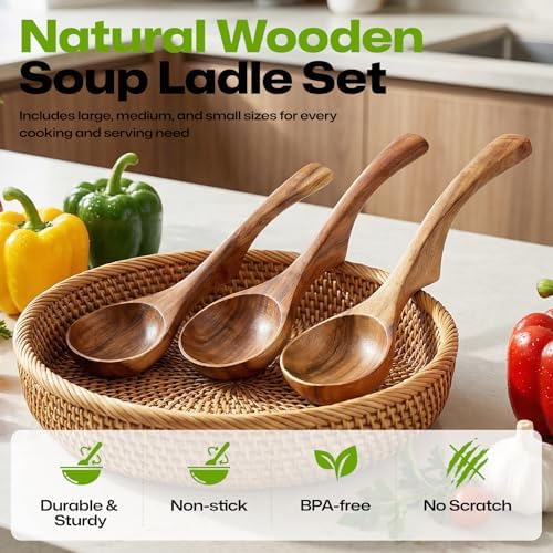 AIUHI Wooden Ladle Spoon Set, 3Size Teak Wood Ladle Spoon, Wooden Soup Spoon for Cooking, Non-Stick, Comfortable Grip for Cooking and Serving