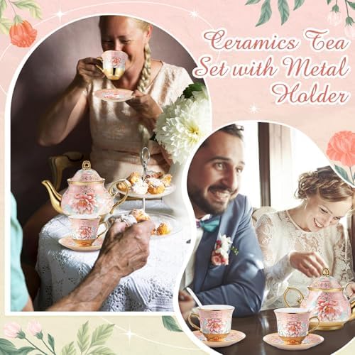 Zhehao 20 Pcs Porcelain Tea Set for Adult, with Metal Holder, Pink