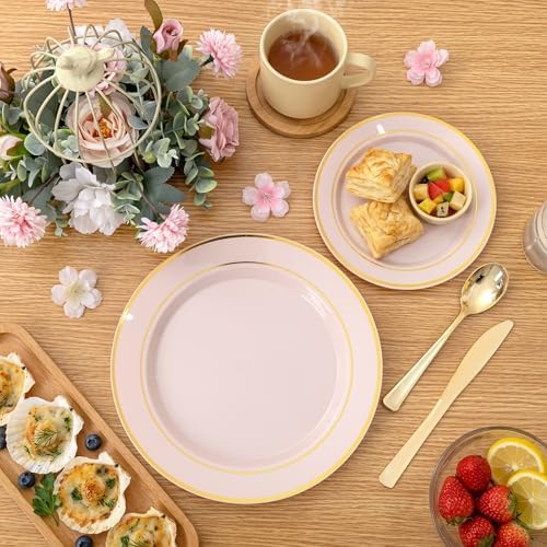 WDF Partyware 350PCS Pink Disposable Plates - Pink Plastic Plates 50Guests Plastic Dinnerware Sets with Rolled Napkins for Wedding/Birthday/Baby shower