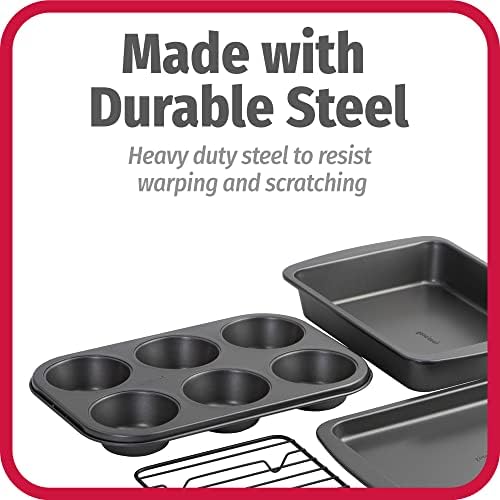 GoodCook 4-Piece Nonstick Steel Toaster Oven Set with Sheet Pan, Rack, Cake Pan, and Muffin_Pan, Gray, Set Distributes Heat Evenly, Nonstick Coating, Dishwasher-Safe 4-Piece (Pack of 6)