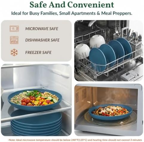 Homienly Unbreakable 8 Pcs Deep Dinner Plates Reusable Plastic Wheat Straw Plates Set Lightweight Kitchen Plates for Salad, Lunch, Dessert, Microwave & Dishwasher Safe Plates for Camping (Blue, 9 In)