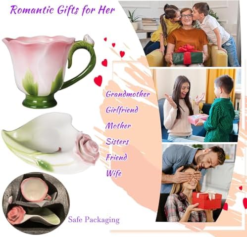 ONEUSTAR Pink Tea Cup and Saucer Set for 1 Ceramic 3D Rose Coffee Cup, 6 Oz