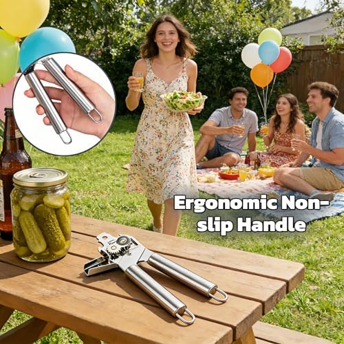 Stainless Steel Manual Can Opener, 3-in-1 Multifunctional, High-Carbon Steel Cutting Wheel, Ergonomic Handle, 7.28 Inch, for Food Cans and Bottles