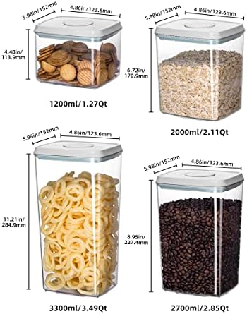 8-Piece Set of Pop Airtight Food Storage Containers with Lids Stackable Containers for Kitchen Pantry Organization Ideal for Cereal Snacks Flour Sugar Coffee and Spaghetti (1.2, 2.0, 2.7, 3.3qt)*2