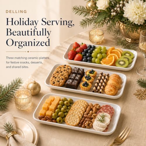 DELLING 14 Inch Large Serving Platter Set of 3, White Porcelain Serving Trays for Entertaining, Rectangular Platters for Turkey Meat Appetizer Party, Oven Microwave Dishwasher Safe Dinnerware