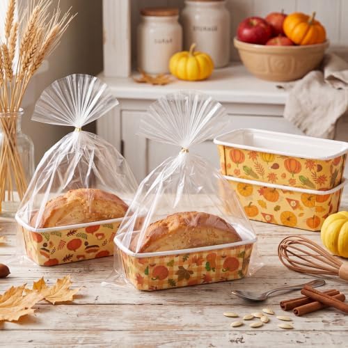 80 Sets Fall Paper Loaf Pan 6.3 x 2.2 x 2.2 Inch Disposable Mini Cake Pan with Clear Plastic Bags and Ties Rectangular Baking Mold for Thanksgiving Autumn Bread Brownies