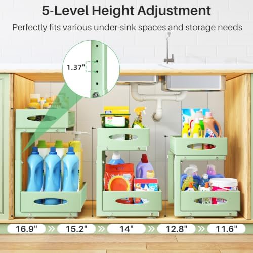 2 Pack Under Sink Organizer, 2 Tier Pull out Cabinet Organizer Mesh Baskets with 5 Adjustable Heights, Sliding Drawers Storage Shelf for Home, Kitchen, Bathroom, Pantry, Office, Countertop ,Green