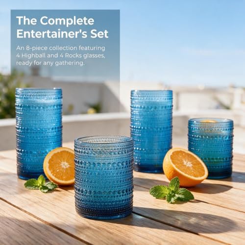 Hobnail Drinking Glasses Set of 8, Blue 12oz & 16oz Glass Cups
