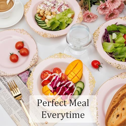 Nervure 50PCS Pink Plastic Bowls with Gold Rim - 12oz Disposable Soup Bowls