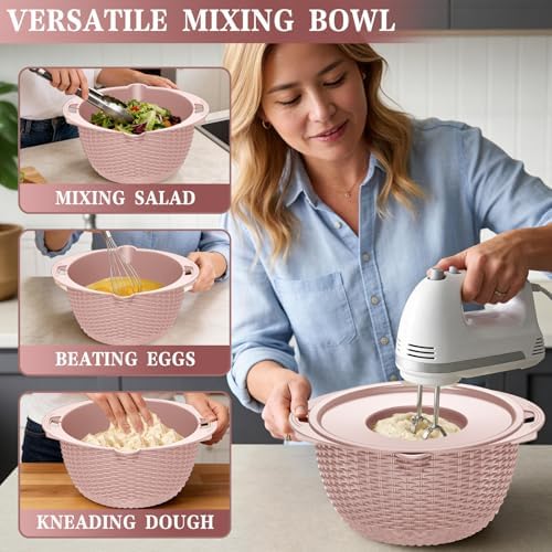 4-1 Strainer Bowl with Lid Set - Strainers and Colanders, Colander for Kitchen, Pasta Strainer, Fruit Cleaner, Veggie Wash, Funny Kitchen Present, Fruit Washing Bowl, Cooking Present for Women - Pink