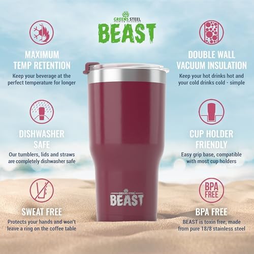 Beast 30 oz Tumbler Stainless Steel Vacuum Insulated Coffee Ice Cup Double Wall Travel Flask (Cranberry Red)