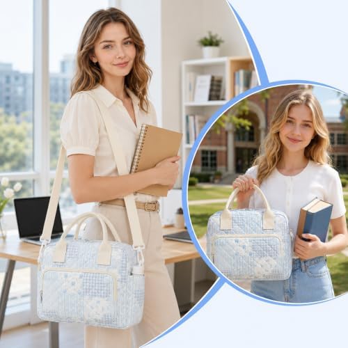 WOBAGMEN Quilted Lunch Box for Women,Large Floral Insulated Lunch Bag with Multiple Pockets,Adjustable Strap,Reusable Lunch Tote Box for Work Picnic Travel (Blue Floral Patchwork, M)