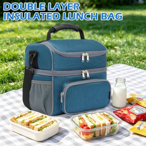 FlowFly Double Layer Cooler Insulated Lunch Bag Adult Lunch Box Large Tote Bag for Men, Women, With Adjustable Strap,Front Pocket and Dual Large Mesh Side Pockets