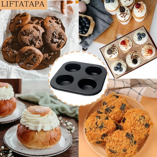 4 Cup Muffin Pan Mold, Non-stick Cupcake Baking Pan Mini Pie Pans, Carbon Steel Cake Mould Muffin Tray Standard Baking Mold Pan for Oven Baking(Black)