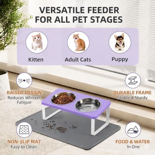 Summark Upgraded Elevated Cat Bowls with Food Mat,15°Tilted Stand Anti Vomiting Raised Cat Dishes for Food and Water,2 Stainless Steel Bowls for Cats and Puppy(Lavender)