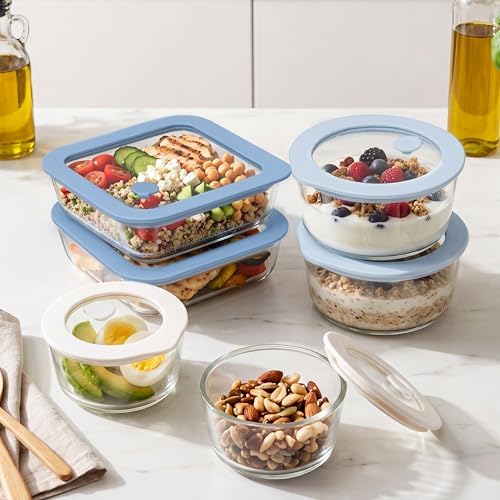 Urban Green Glass Food Container Set with Silicone Glass Lid, Square & Round Shape, 6 Pack, Airtight, LeakProof, 100% Plastic Free, Meal Prep Food Storage Containers, Blue & White Color