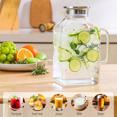 1 Gallon Square Glass Pitcher with Lid and Spout, Borosilicate Glass Carafe for Hot/Cold Drink, Water Pitchers with Handle for Fridge, Extra Large Jug for Iced Tea, Coffee, Juice, Beverage