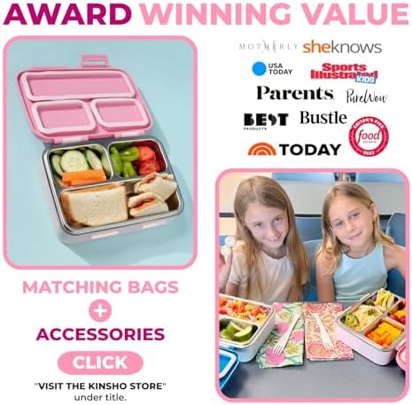 kinsho Stainless Steel Bento Box Lunch Container for Kids Adults, Pink