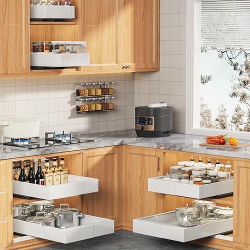 Seinloes 4 Pack Expandable Pull Out Cabinet Organizer 21" Deep with Raising Pad for Framed Cabinets,Upgrade 3 Slide Rails Slide Out Drawers,Roll Out Shelves Adhesive,Adjustable Width 9"-14.1" White