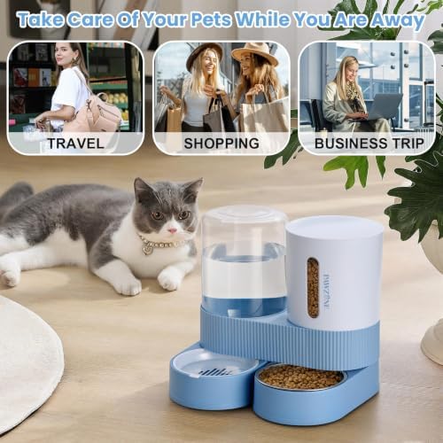Automatic Cat Feeder Stainless Steel Water Dispenser Gravity Food Feeder and Waterer Set with Pet Food Bowl for Small Medium Kitten Puppy Pets Large Capacity(Blue)