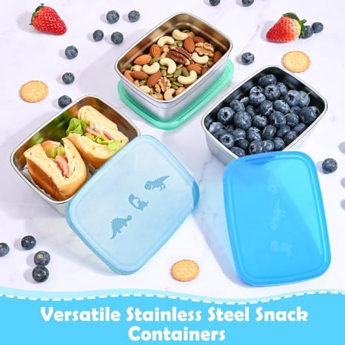 Tanjiae 3-Pack Stainless Steel Snack Containers - 550ml (18oz) Leakproof Colorful Lids with Cute Dinosaurs | LFGB Certified, Stackable Metal Lunch Box for Home, Picnic, Travel