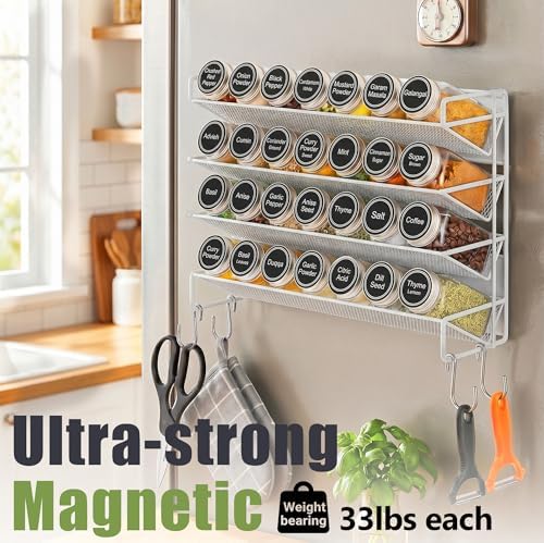 UVIAHOMI Spice Rack Organizer for Cabinet with 28 Spice Jars, 386 Spice Labels, Magnetic Spice Rack for Refrigerator, Seasoning Organizer for Countertop, Kitchen, Pantry — 13.2" W x 9.8" H, White