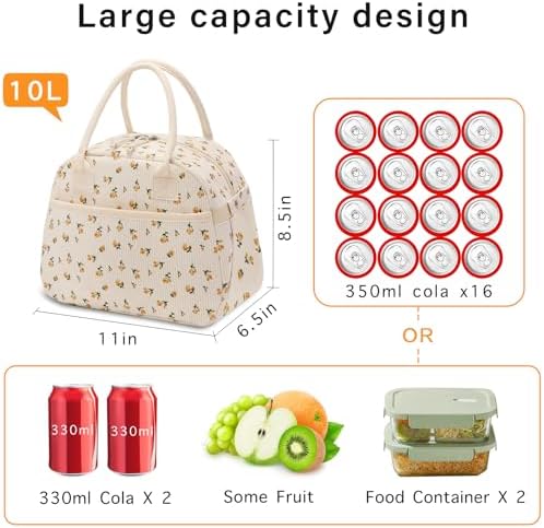 Carry bloom Lunch Box for Women, Insulated Lunch Bag Cute Corduroy Lunchbag Reusable Lunchbox for Work (flower yellow)