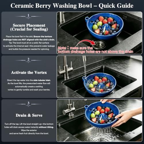 Ceramic Berry Washing Bowl with Auto-Spin Swirl Drainage