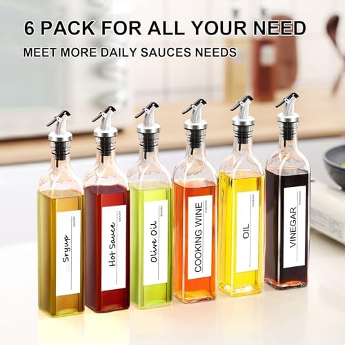 gmisun Olive Oil Dispenser Bottle for Kitchen, 6 Pack 17 Fl Oz Glass Oil Dispensers Bottles, Clear Cooking Vegetable Oil Dispenser Container Cruet Set with Plastic Pourer Spout, Funnel and Labels