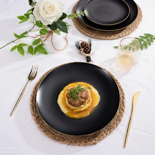 EjonirInjonir 80 Heavy Duty Gold Black Plastic Plates for Party 10.25 Inch