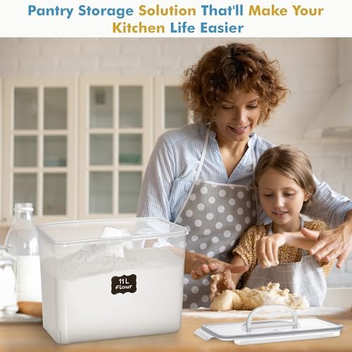 Shazo 2 PC (11L | 372 oz) Flour Sugar Storage Containers with Easy Carry Handle - Plastic Extra Large Food Storage Containers with Lids for Rice Cereal, BPA Free & Airtight Kitchen Pantry Organization