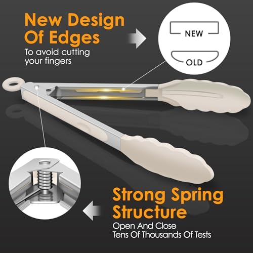 HOTEC Premium Stainless Steel Locking Kitchen Tongs with Silicon Tips, Set of 3-7", 9" and 12" (Khaki)