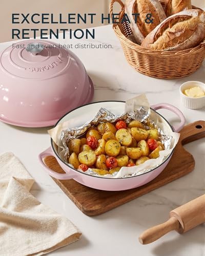 Enameled Cast Iron Bread Oven, 6QT Cast Iron Dutch Oven for Homemade Sourdough Bread Baking, Round Bread Pot with Dome Lid & Cotton Potholders, Gentle Pink