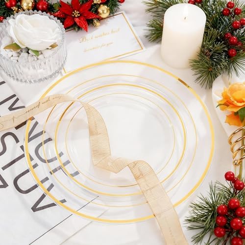 I00000 102 Pcs Clear Gold Plastic Plates, Premium Disposable Party Plates