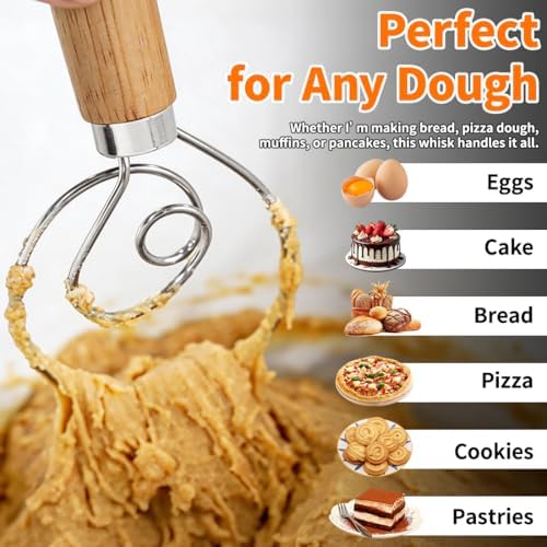 Polly Online Dough Whisk,Wooden Handle Danish Sourdough Whisk with Stainless Steel Dough Hook for Bread, Pastry or Pizza Dough 13 Inch 1-PACK