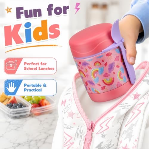 10oz Soup Thermo for Hot Food Kids,Lunch Thermo Kids Food Jar with Spoon Hot Insulated Food Containers,Leak Proof Stainless Steel Wide Mouth Lunch Thermo Jar for School(Pink-Rainbow)